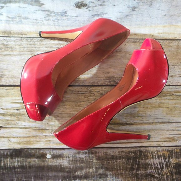 *SOLD* Red Patent Leather Peep Toe Pumps - Picture 1 of 8